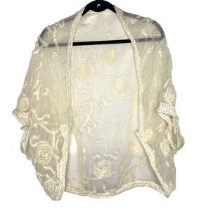 2 Chic Sheer Cardigan 3D Flowers Gauzy Lace Crochet Raw Hem Cover Up Boho Womens